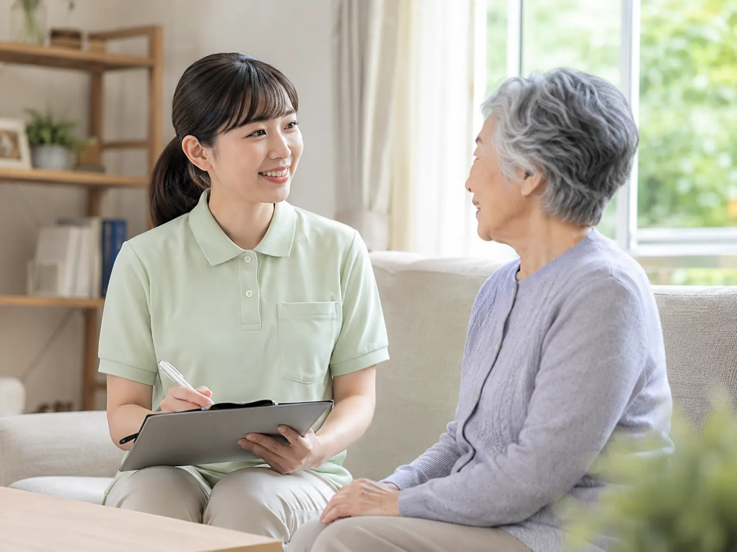 利用者様の話に耳を傾ける訪問介護スタッフ